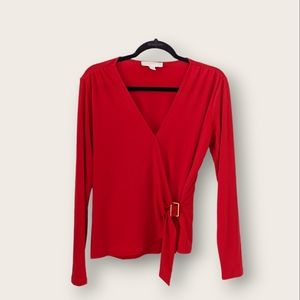 Michael Kors Top|  Red Flowy Wrap Blouse with Golden Buckle Office Casual